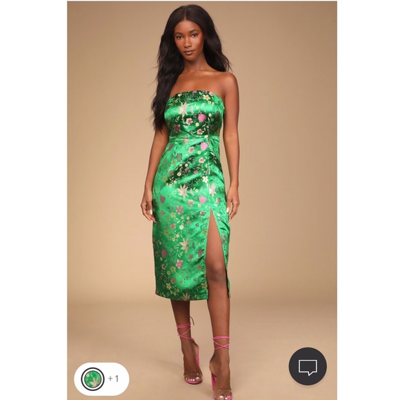 Lulus Green Satin Floral Strapless Midi Dress - Picture 1 of 5